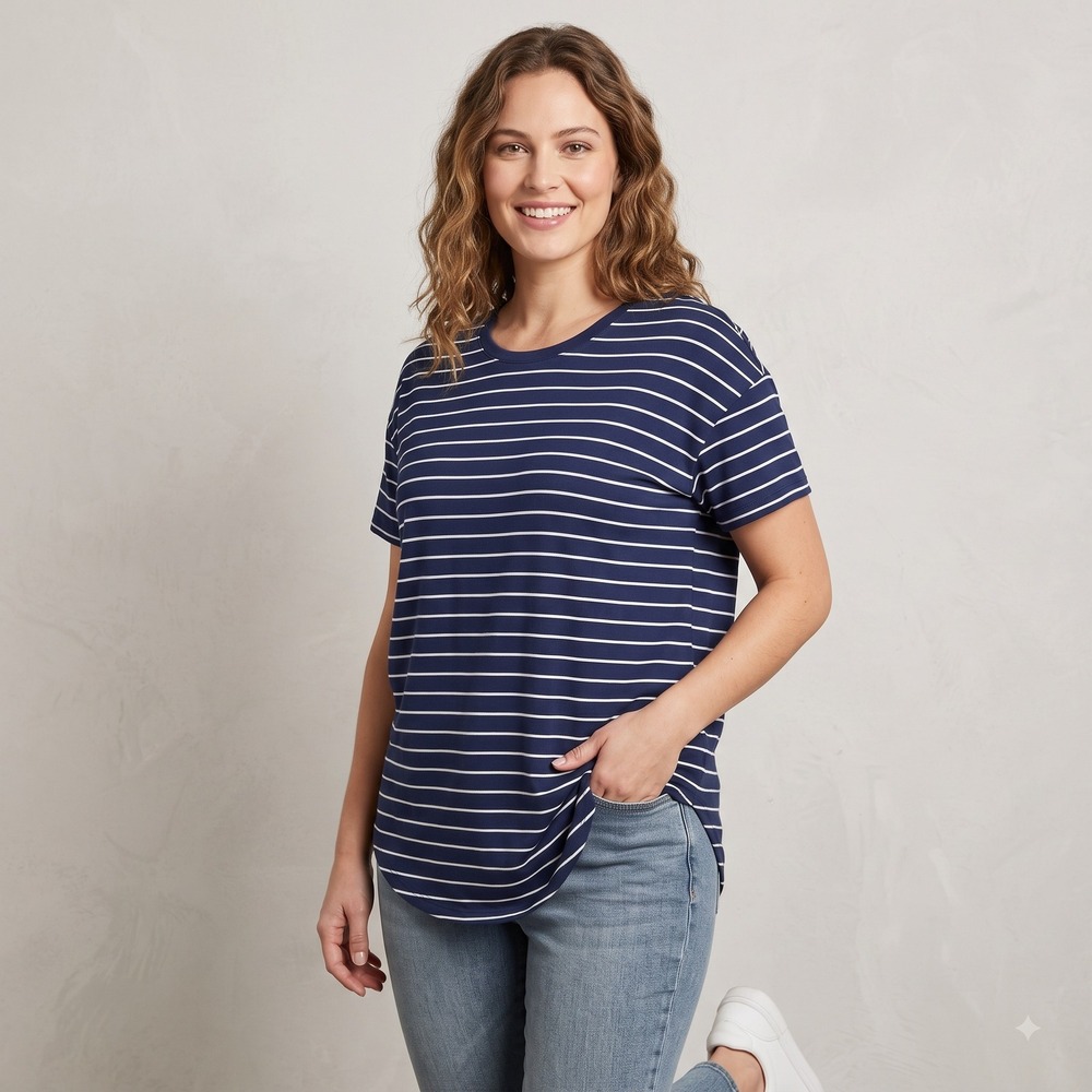 Time and Tru Womens Navy Blue White Striped T-Shirt Crew Neck Curved Hem Large L